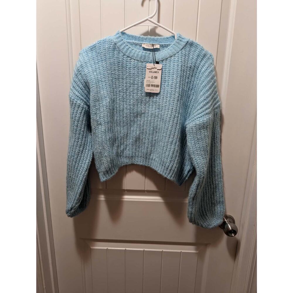 NEW! Volume X Women's Blue Acrylic Cropped Pullover Crew Neck Sweater Size L